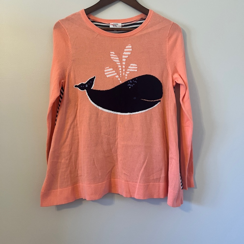 Crown & Ivy Striped Sweater Whale Navy White Coral Sequins XS Oversized